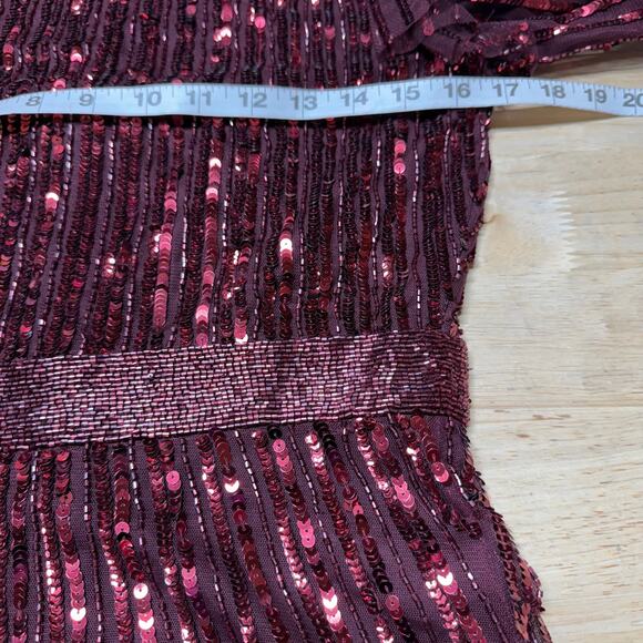 Mac Duggal NWT Red Long Sleeve Ruffle Detail Sequin Midi Dress Size 6 High Neck - Picture 7 of 10